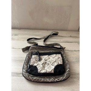Back and cream geometric shape cloth zippered shoulder crossbody bag with lace